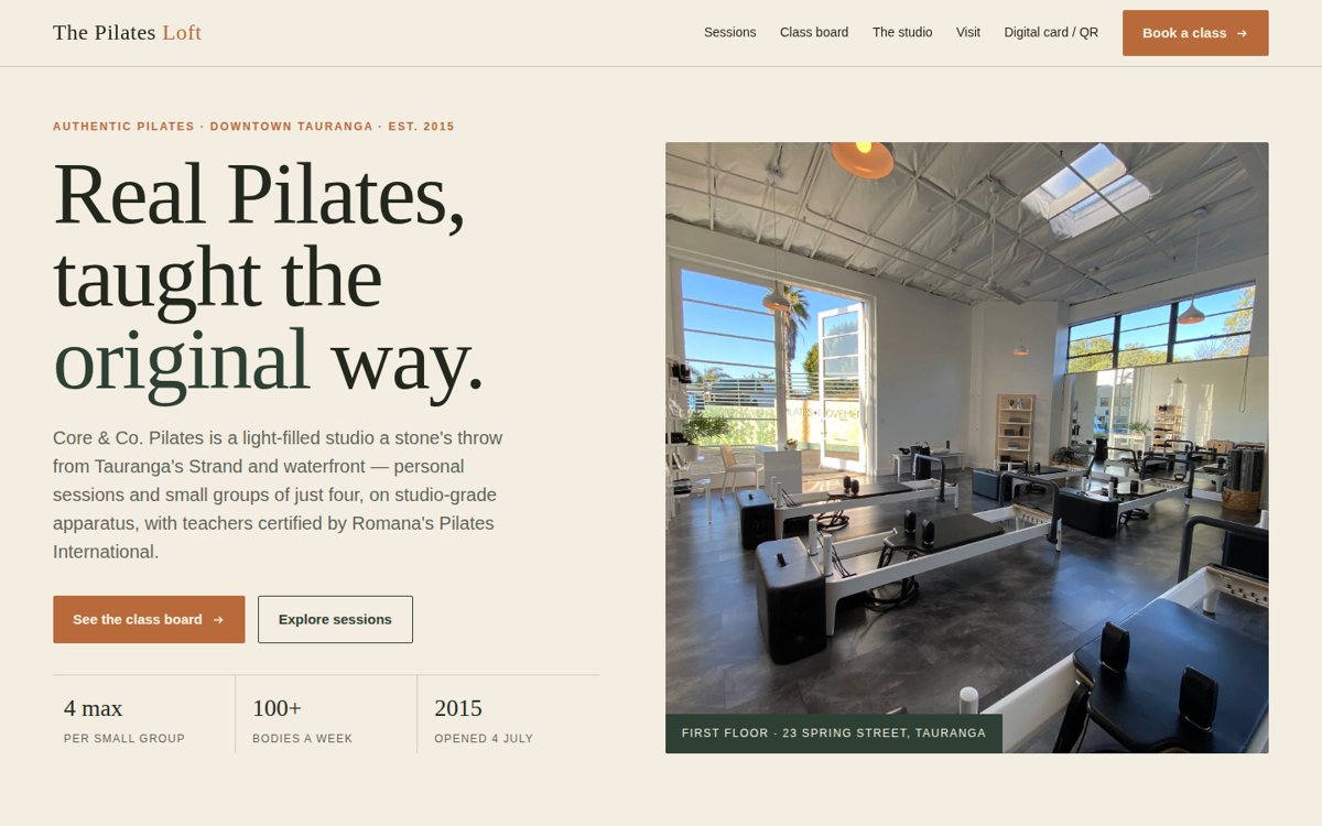 Screenshot of Core and Co. Pilates website