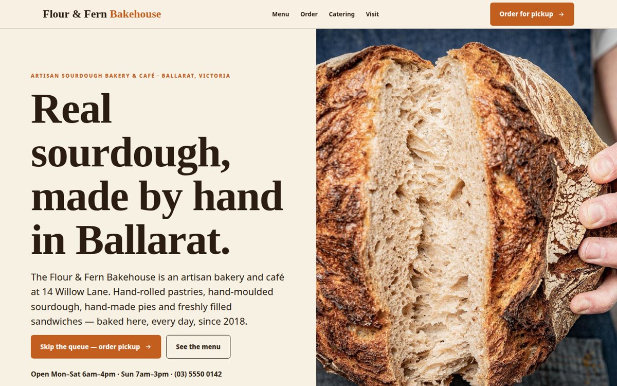 Screenshot of The Flour and Fern Bakehouse website