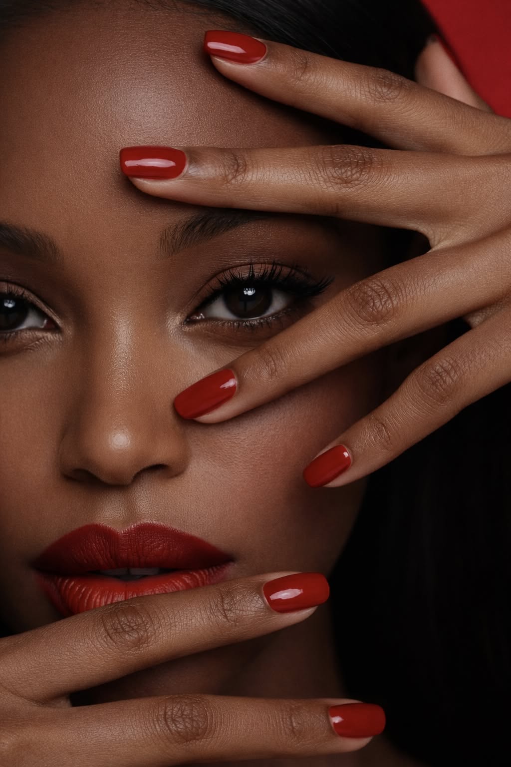 Glossy red gel polish nails